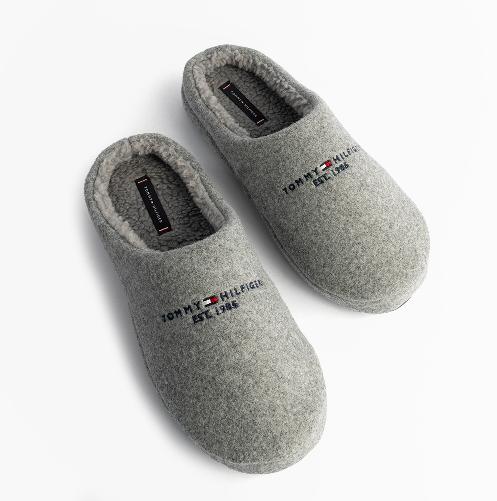 Tommy Hilfiger HILFIGER FELT HOUSE Mens House Slippers Universal Grey top view showing cozy, slip-on design.