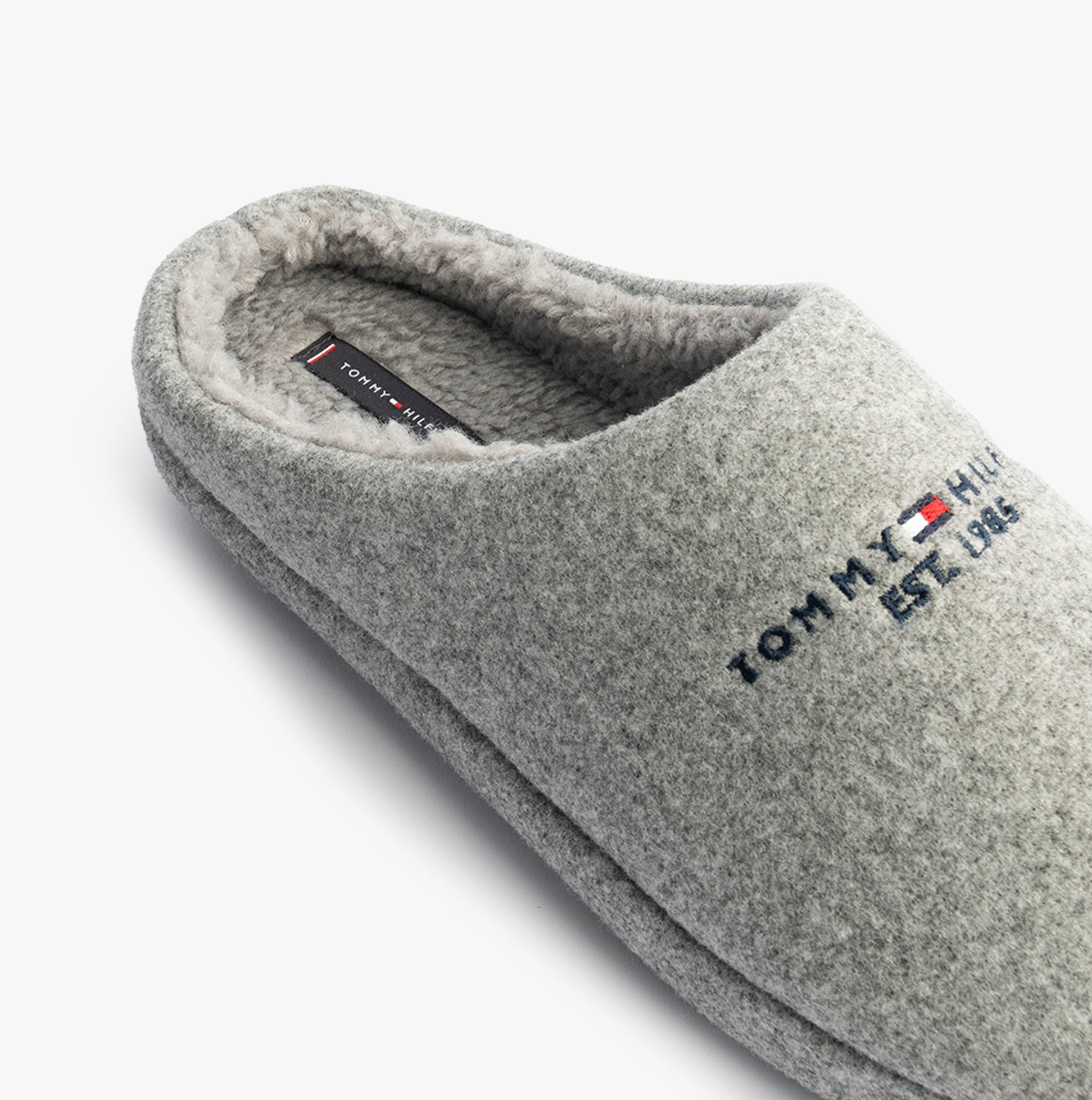 Tommy Hilfiger HILFIGER FELT HOUSE Mens House Slippers Universal Grey side view with embroidered logo and soft lining.