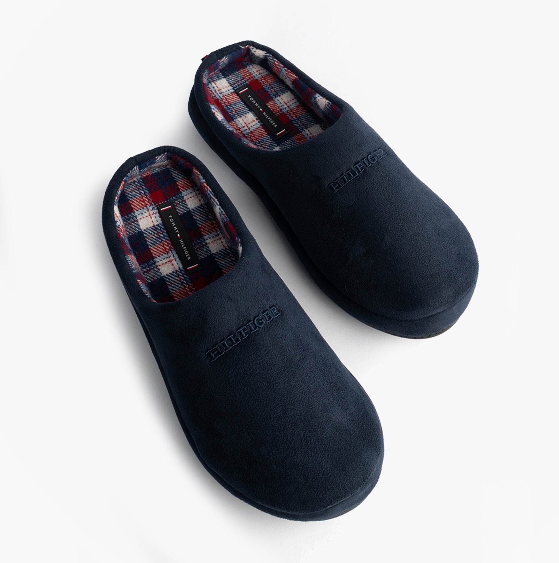 Tommy Hilfiger HILFIGER M SDE CHECK Mens House Slippers Desert Sky top view showing slip-on mules with plaid lining.