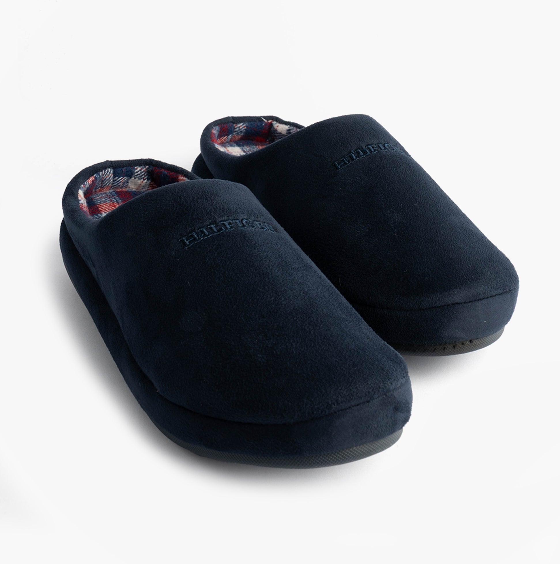 Tommy Hilfiger HILFIGER M SDE CHECK Mens House Slippers Desert Sky side view showing cozy fit and stylish design.
