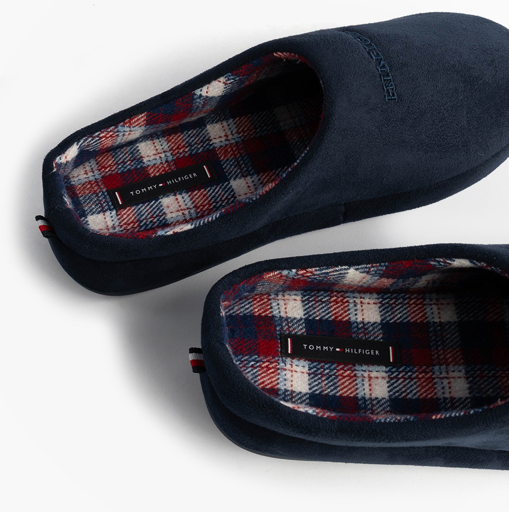 Tommy Hilfiger HILFIGER M SDE CHECK Mens House Slippers Desert Sky detail view showing interior lining and brand.