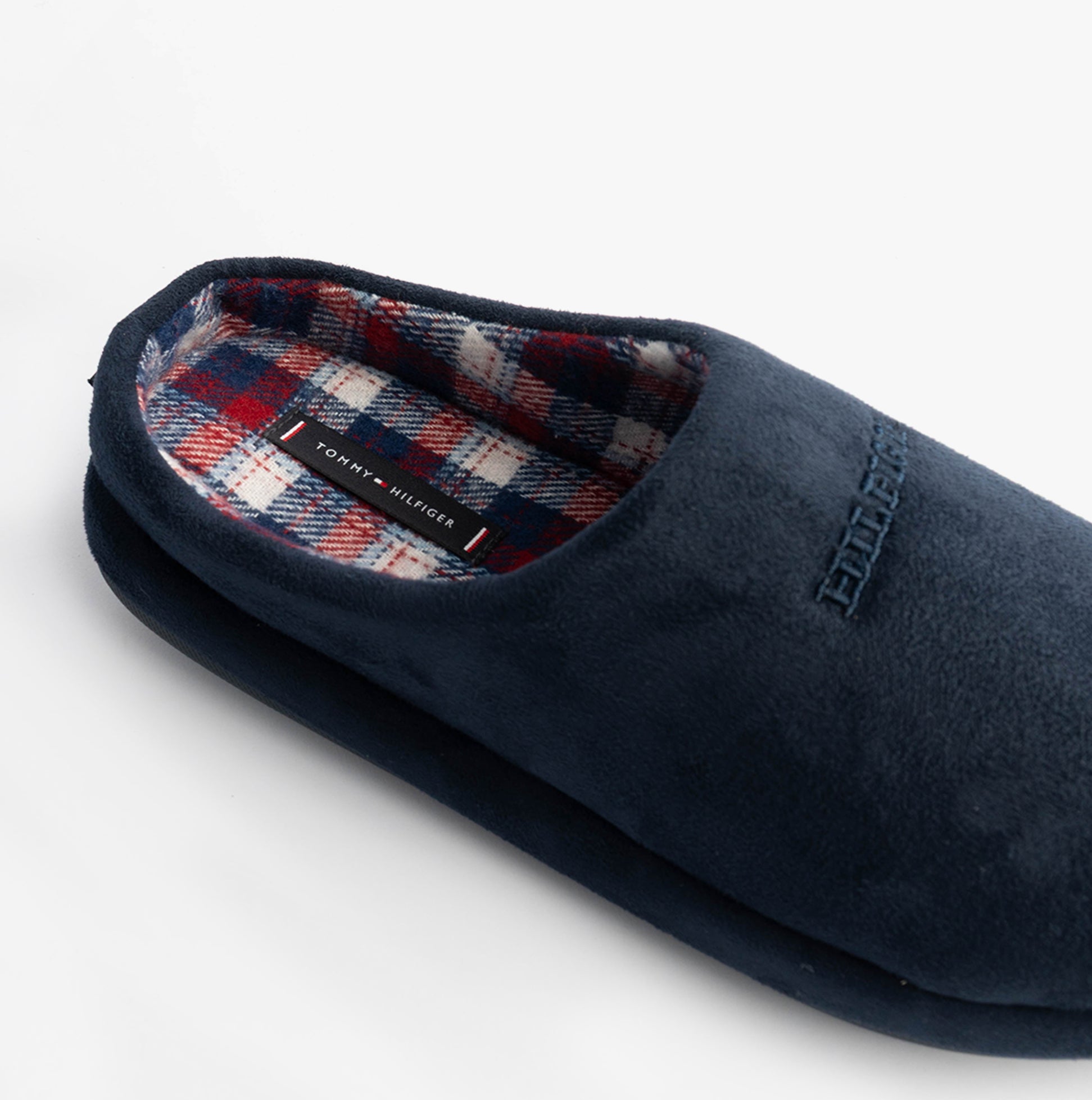 Tommy Hilfiger HILFIGER M SDE CHECK Mens House Slippers Desert Sky side view showing soft textile upper and plaid lining.