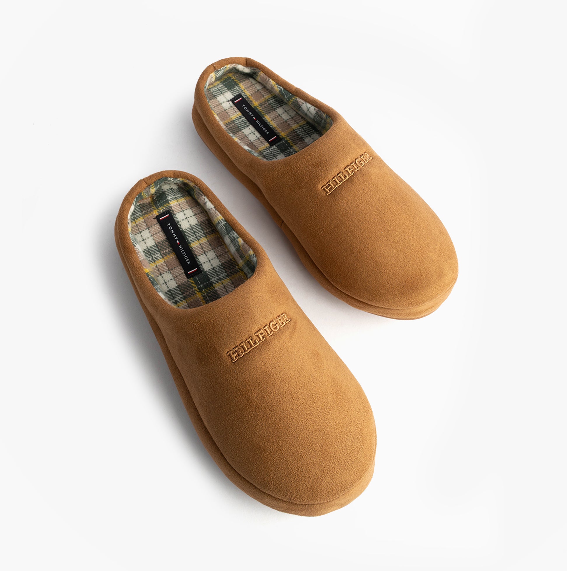 Tommy Hilfiger HILFIGER M SDE CHECK Mens House Slippers Desert Khaki top view showing soft textile upper and plaid lining.
