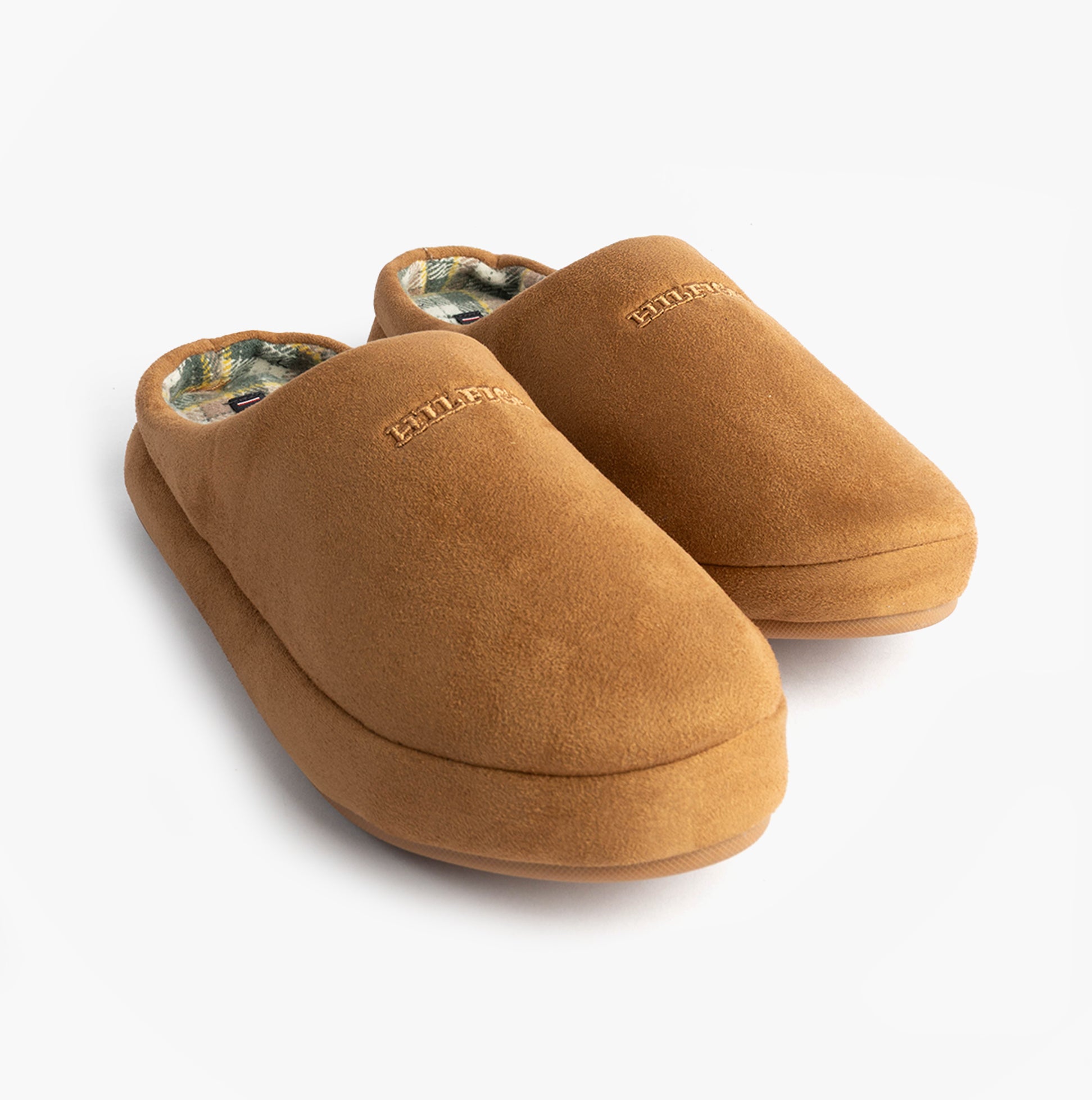 Tommy Hilfiger HILFIGER M SDE CHECK Mens House Slippers Desert Khaki front view with soft textile upper and slip-on design.
