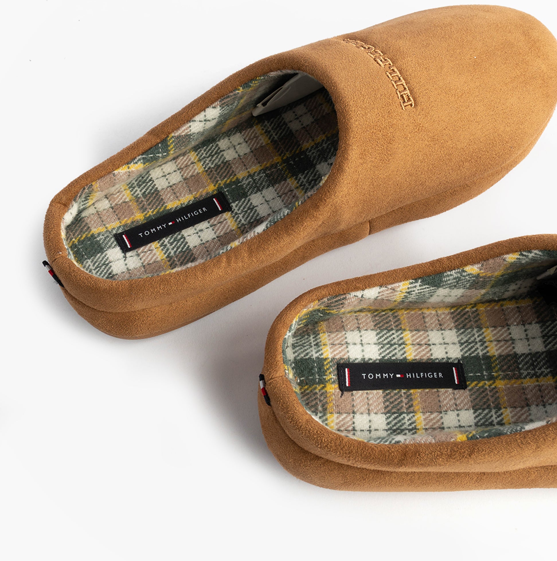 Tommy Hilfiger HILFIGER M SDE CHECK Mens House Slippers Desert Khaki top view and detail of soft textile interior.