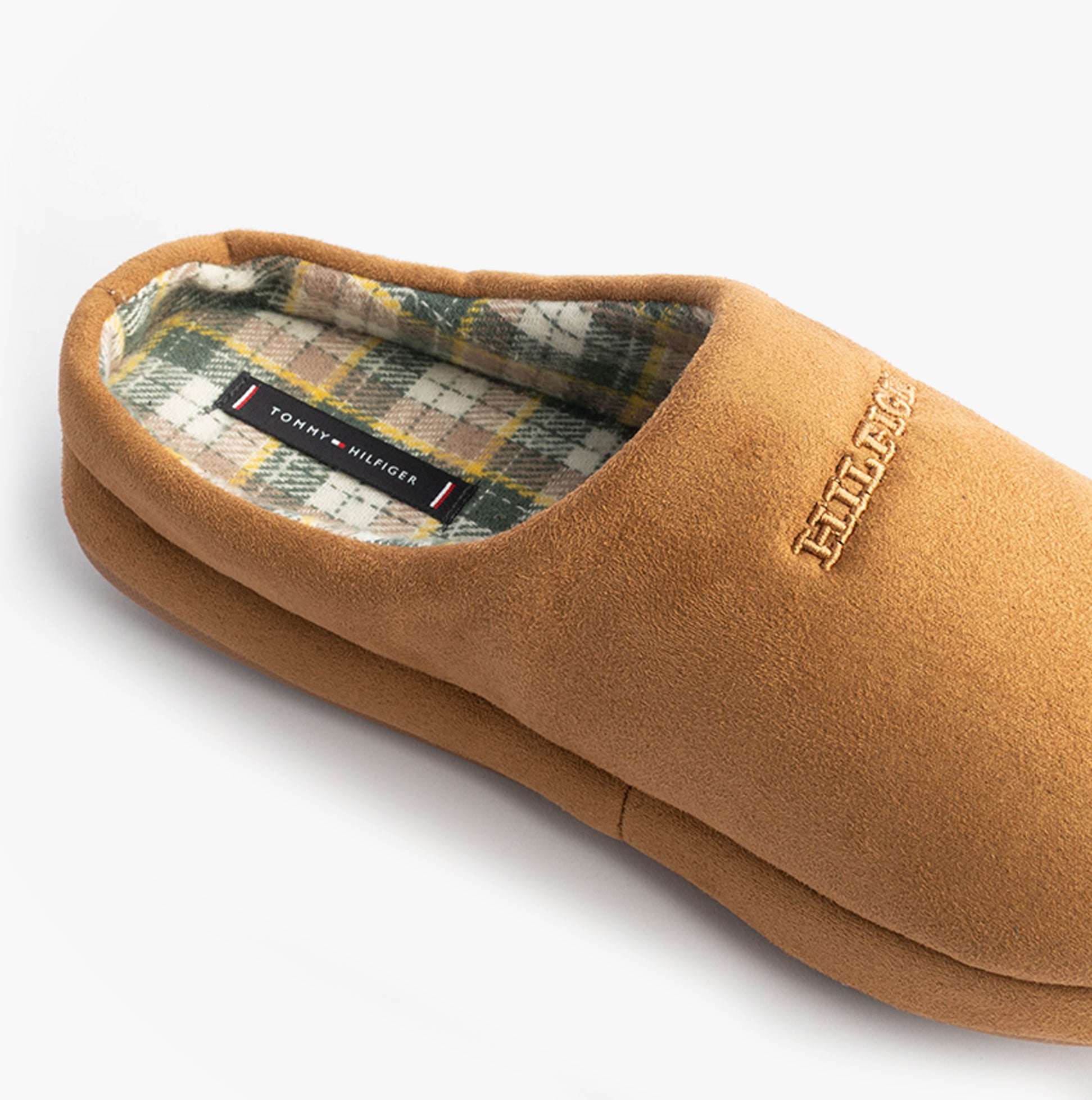 Tommy Hilfiger HILFIGER M SDE CHECK Mens House Slippers Desert Khaki side view detail of material and lining.