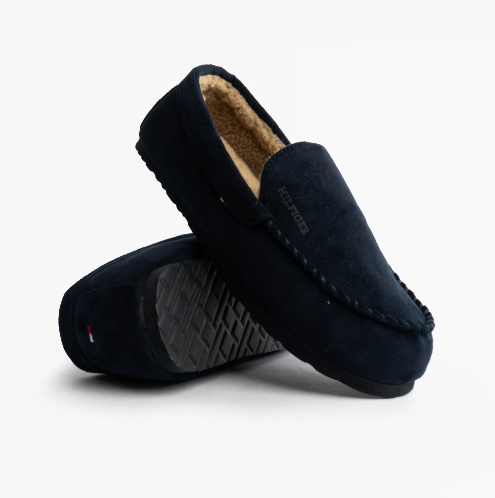 Tommy Hilfiger HILFIGER M SDE DRIVE Mens Mocassin Slippers Desert Sky side view showing soft textile upper and slip-on design.