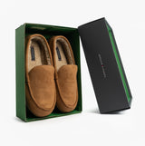 Tommy Hilfiger HILFIGER M SDE DRIVE Mens Mocassin Slippers Desert Khaki in gift box, top view showcasing slippers and packaging.
