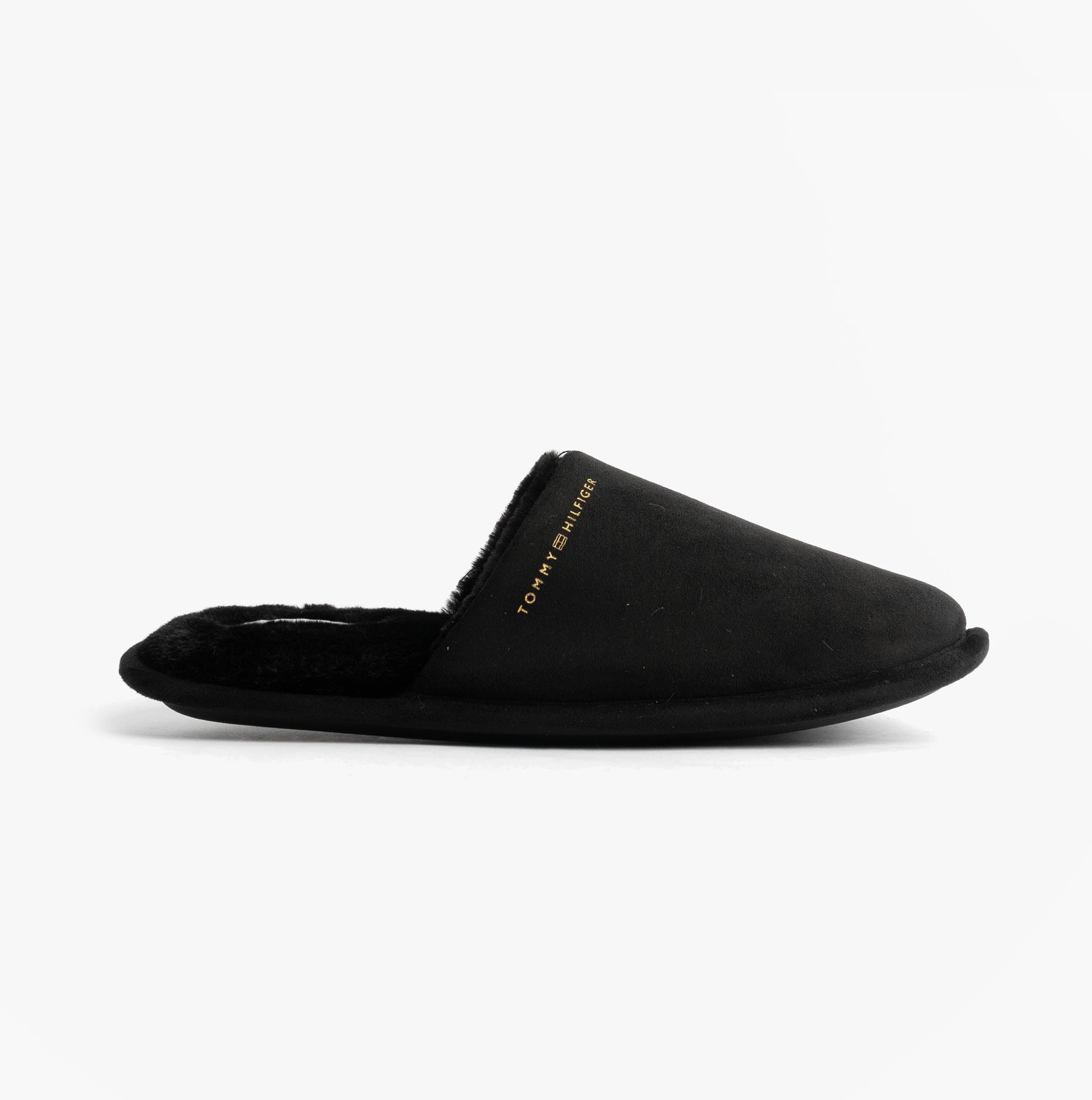Tommy Hilfiger TH SOFT HOUSE SHOE Womens Slippers Black side view, slip-on mules with textile upper and flat sole.