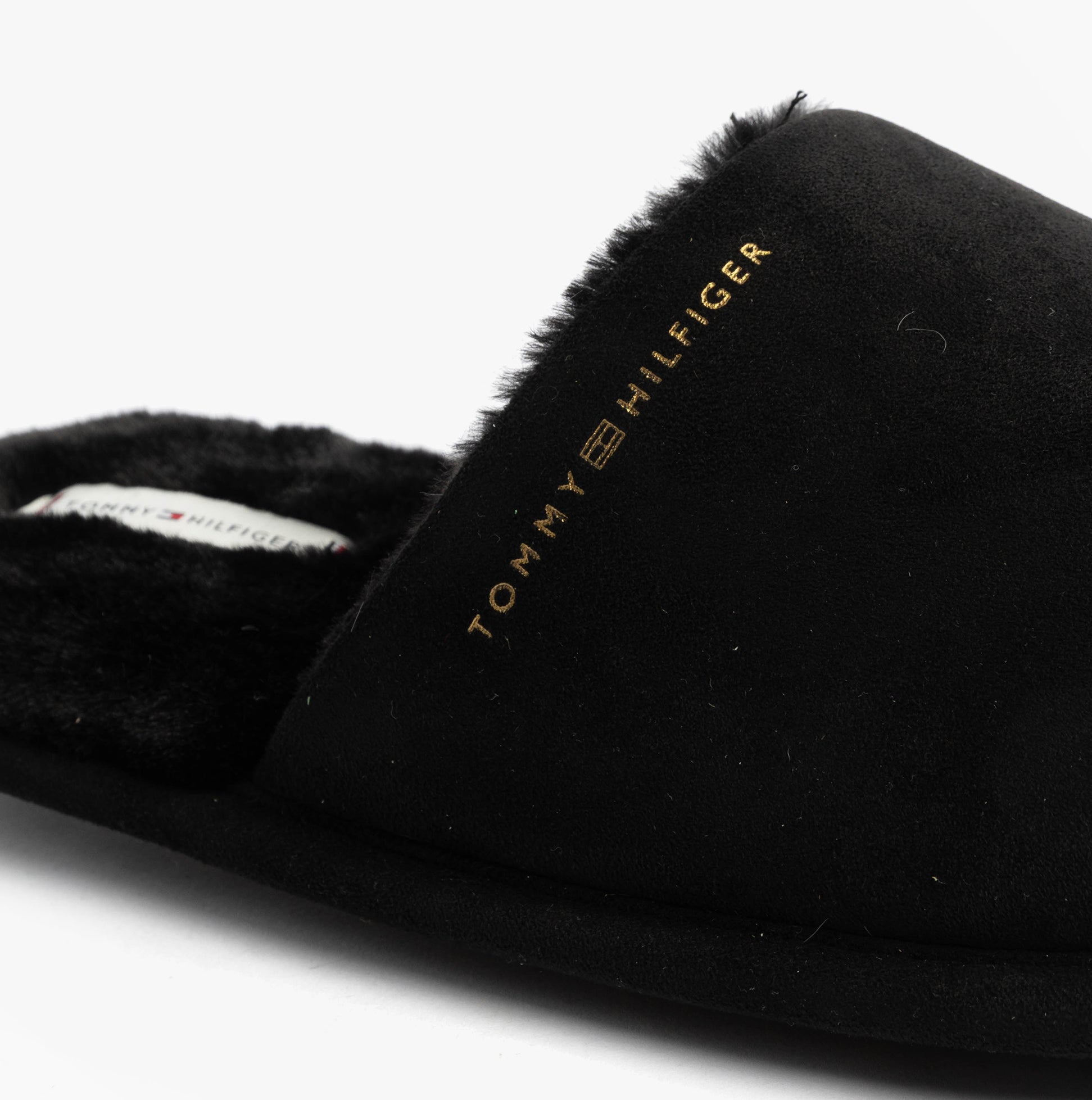 Tommy Hilfiger TH SOFT HOUSE SHOE Womens Slippers Black detail view showcasing the soft black textile upper and logo.
