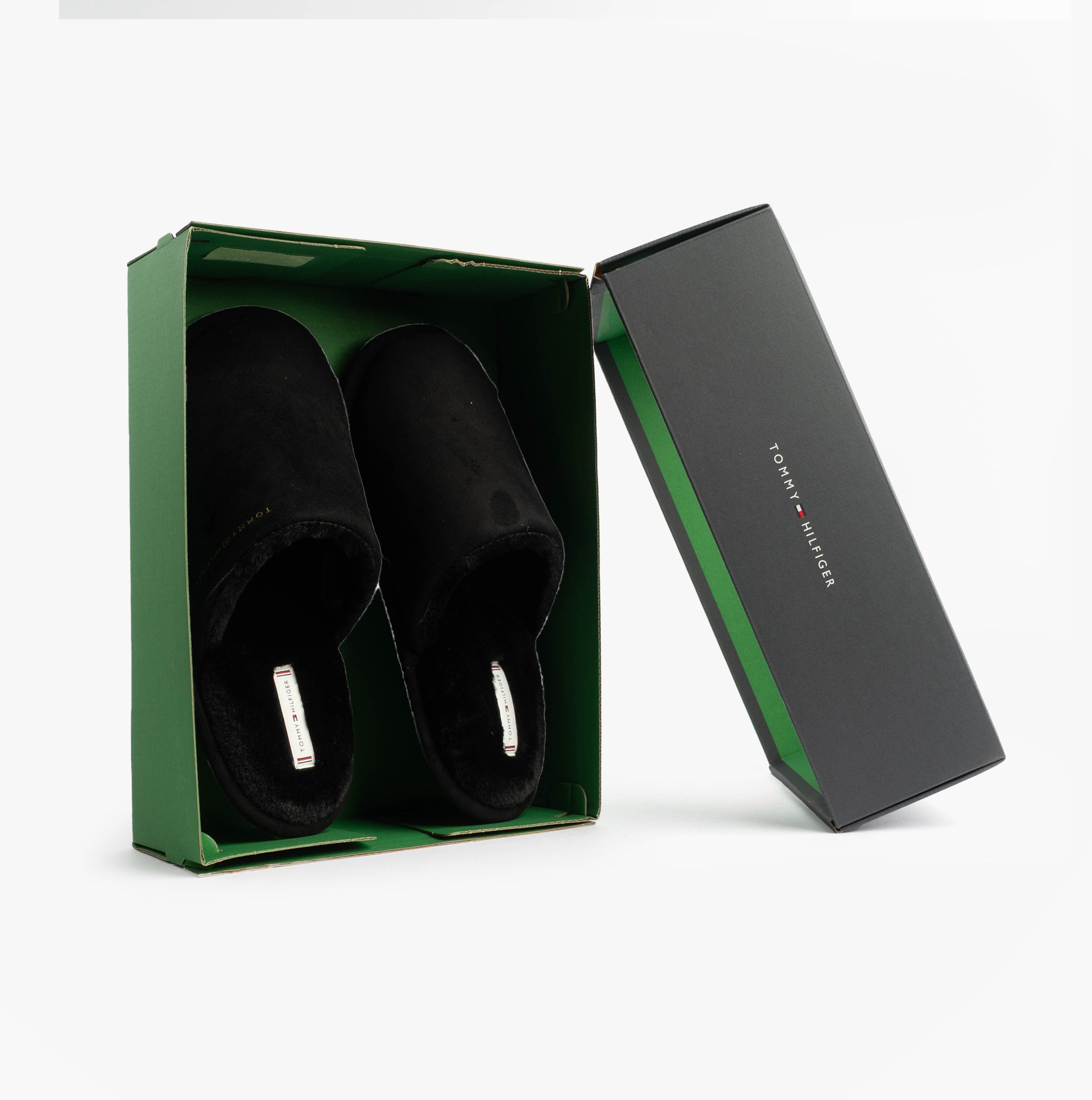 Tommy Hilfiger TH SOFT HOUSE SHOE Womens Slippers Black in gift box, side view showing slippers and packaging.