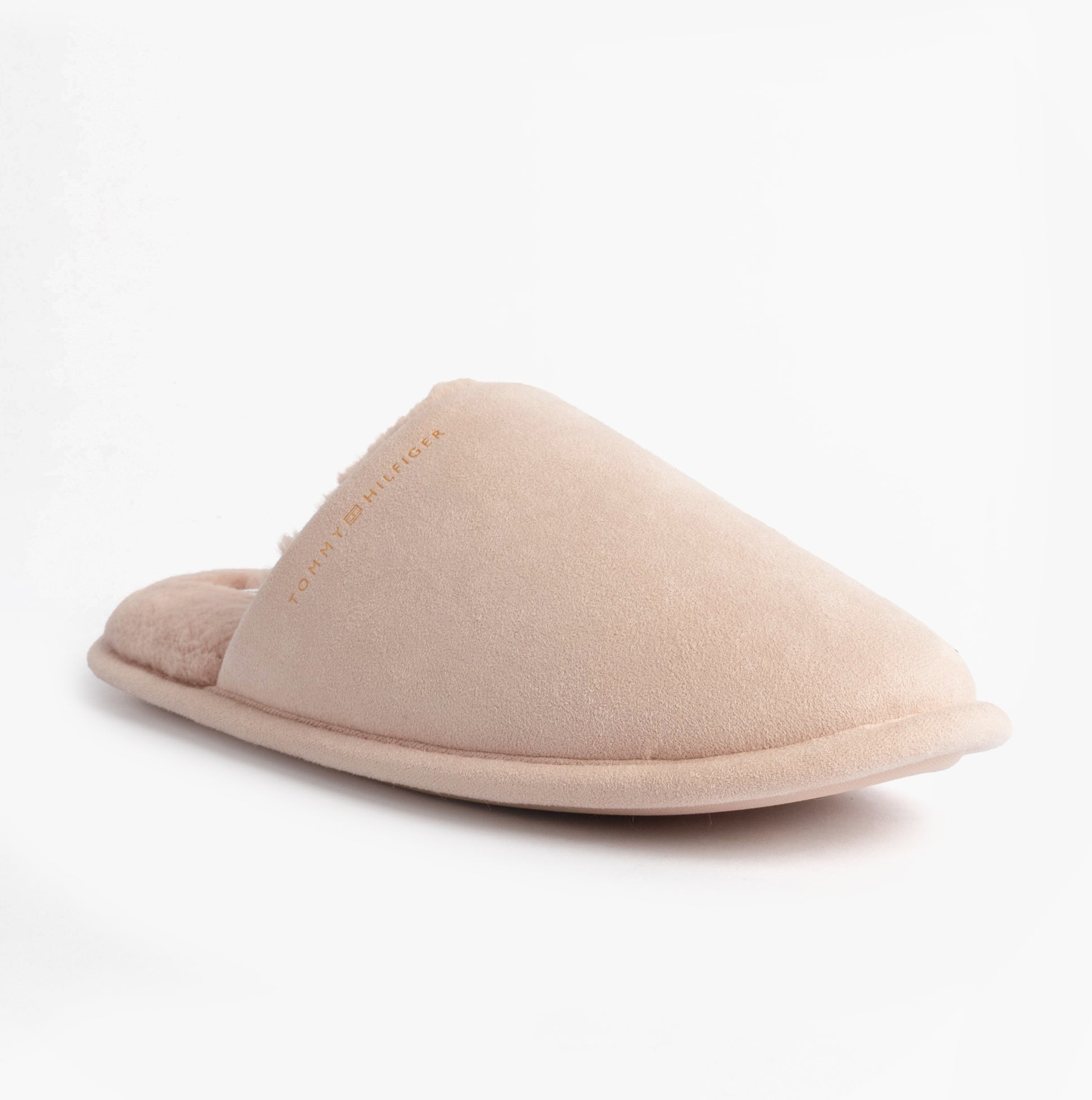 Tommy Hilfiger TH SOFT HOUSE SHOE Womens Slippers Misty Bluesh side view of beige mules with soft textile upper.