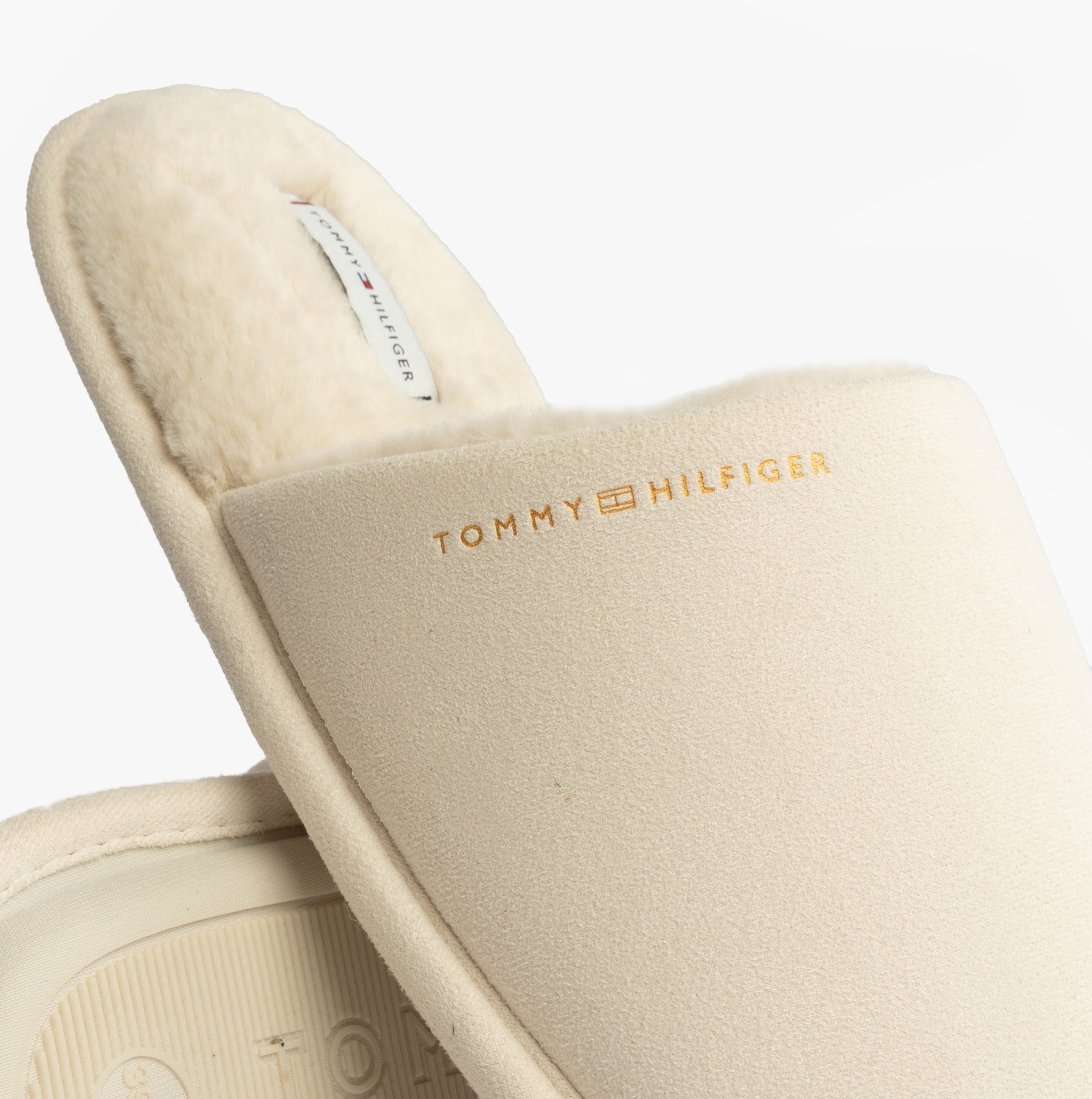 Tommy Hilfiger TH SOFT HOUSE SHOE Womens Slippers Ancient White detail view of slipper with logo on soft upper.