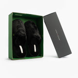 Tommy Hilfiger TH FAUX FUR HOUSE SH Womens Slippers Black in a gift box, top view showcasing the fluffy mules design.