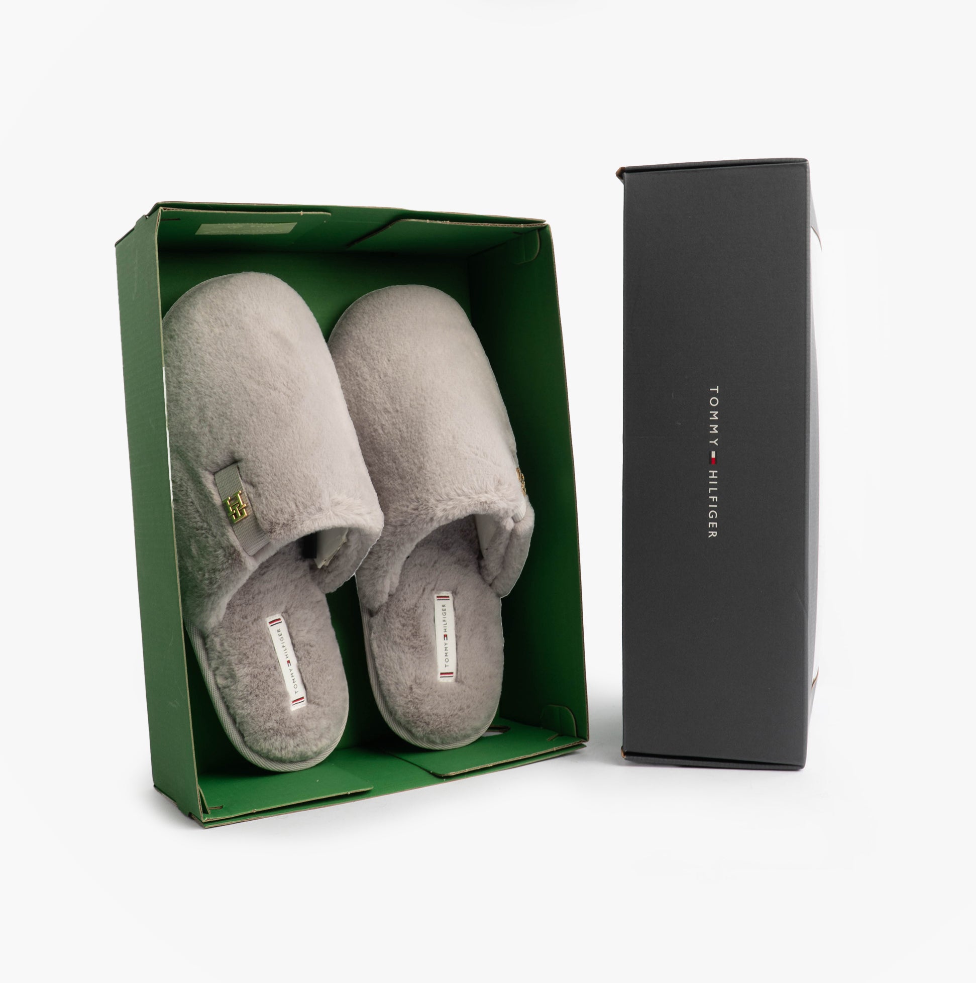 Tommy Hilfiger TH FAUX FUR HOUSE SH Womens Slippers Lilac Dusk, top view in gift box showcasing soft grey texture.