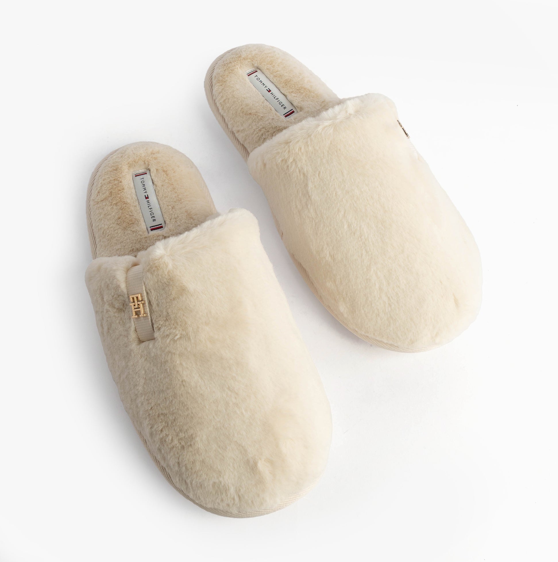 Tommy Hilfiger TH FAUX FUR HOUSE SH Womens Slippers Ancient White top view with fluffy textile upper and slip-on design.