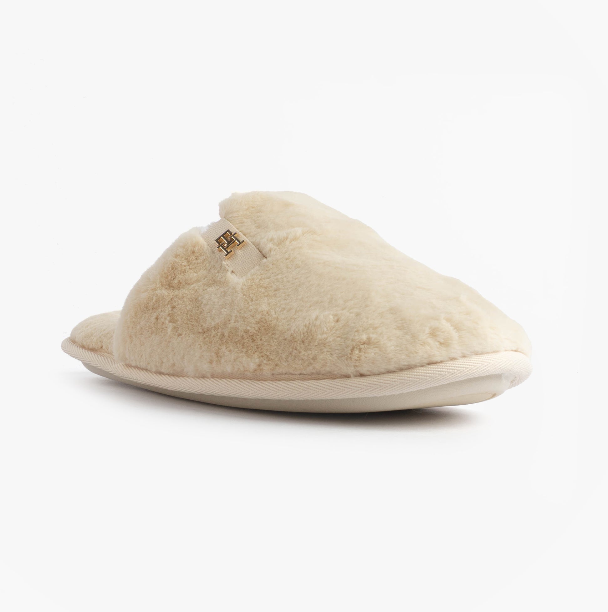 Tommy Hilfiger TH FAUX FUR HOUSE SH Womens Slippers Ancient White side view with plush faux fur material.