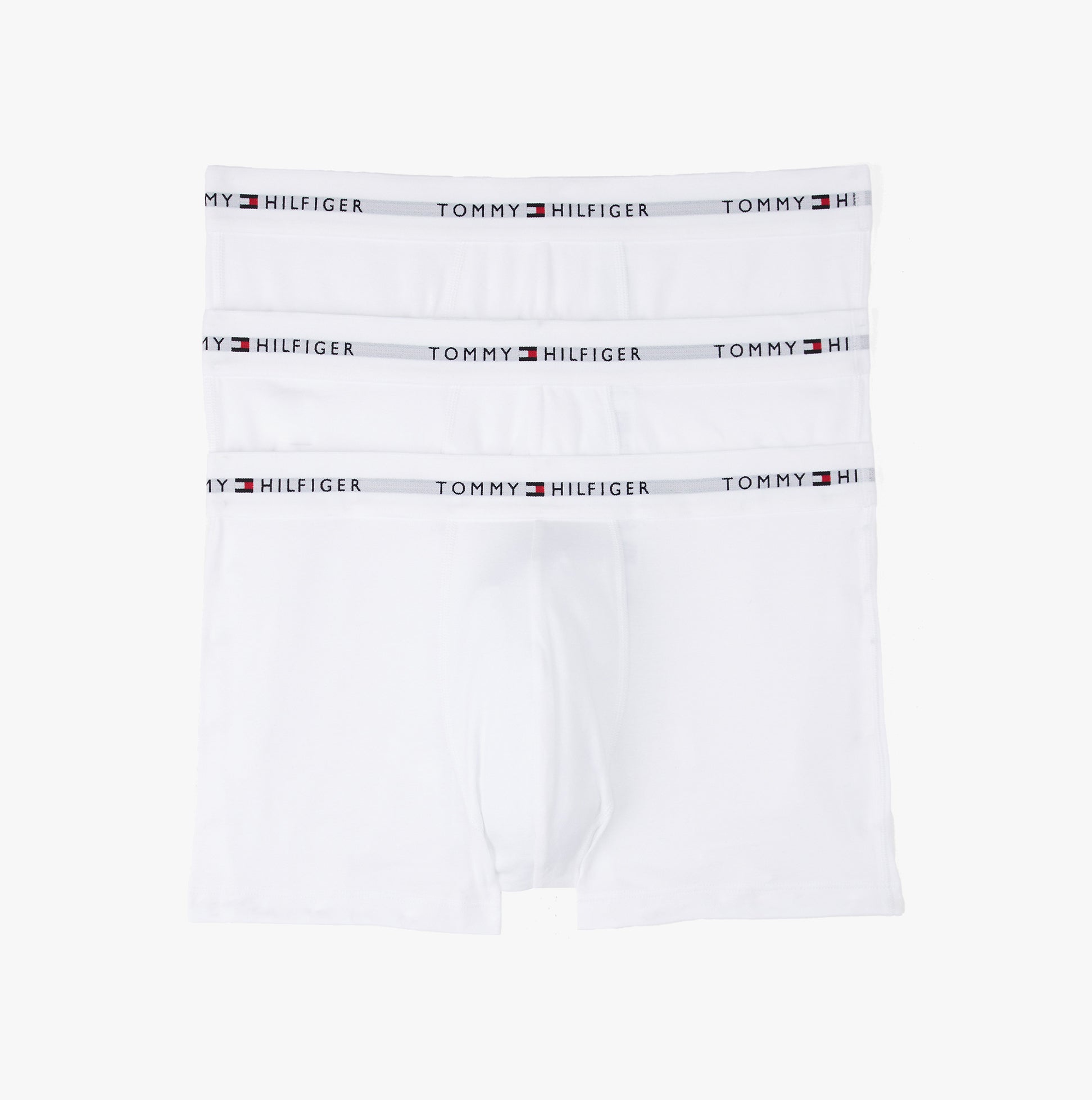 Tommy Hilfiger 3 Pack Trunk Mens White front view showcasing three white trunks with logo waistband.