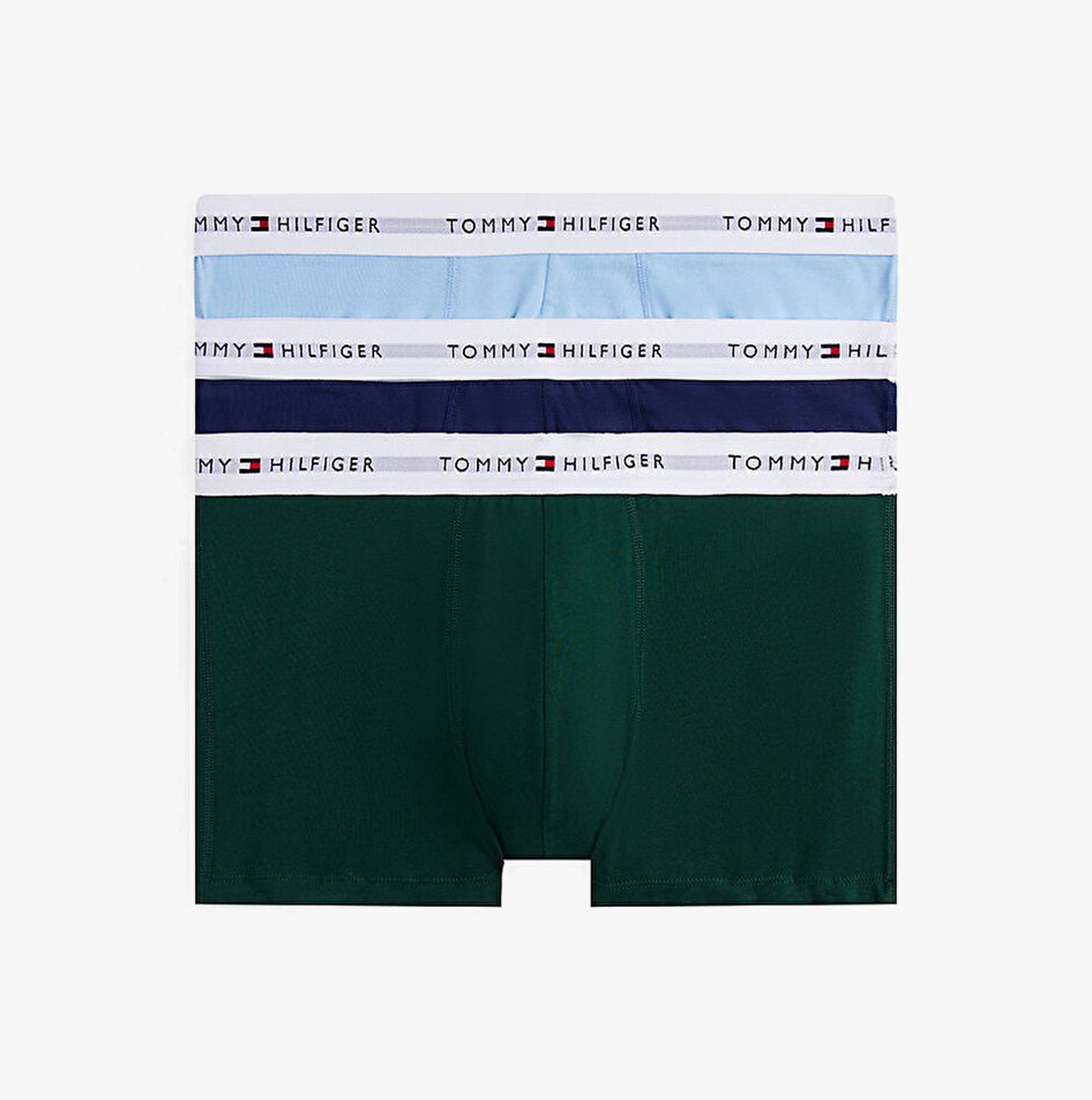 Tommy Hilfiger Mens 3 Pack Logo Waistband Trunks Multi, front view showing green, blue, and navy trunks with logo waistband.