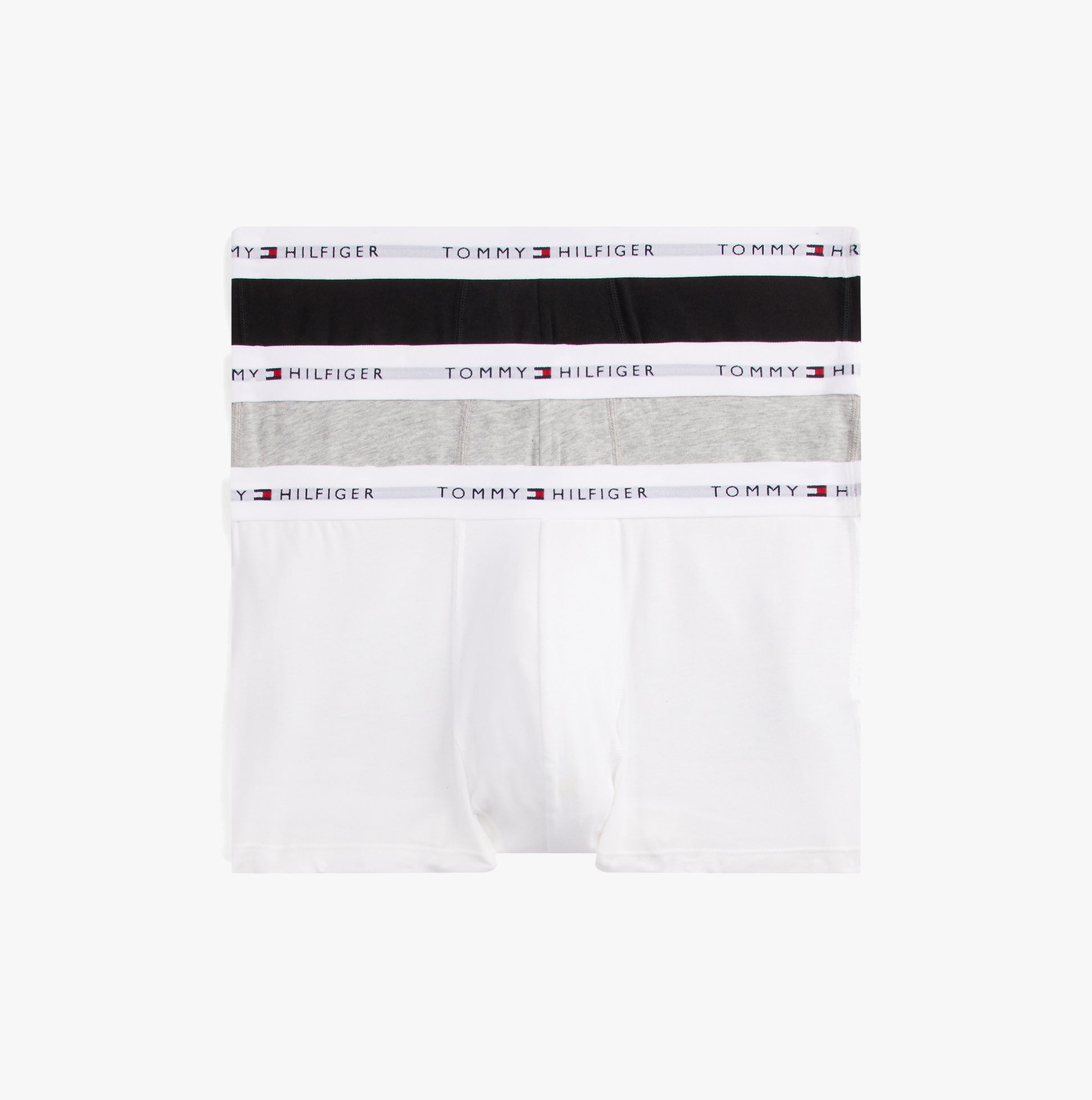 Tommy Hilfiger Mens 3 Pack Logo Waistband Trunks Multi in black, grey, and white with logo elasticated waistbands, front view.
