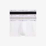 Tommy Hilfiger Mens 3 Pack Logo Waistband Trunks Multi in black, grey, and white with logo elasticated waistbands, front view.