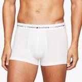 Tommy Hilfiger Mens 3 Pack Logo Waistband Trunks Multi front view showcasing white trunks with logo waistband.