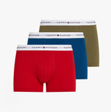 Tommy Hilfiger 3 Pack Mens Logo Waistband Trunks Multicoloured front view showcasing red, blue, and green trunks with logo waistband.