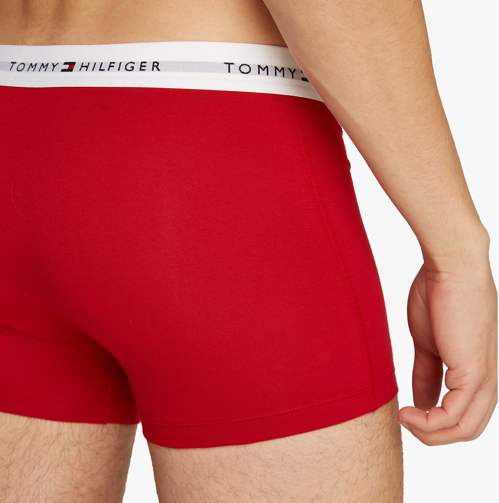 Tommy Hilfiger 3 Pack Mens Logo Waistband Trunks Multicoloured side view of red trunk showcasing logo waistband