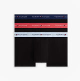 Tommy Hilfiger Mens 3 Pack Signature Repeat Logo Waistband Trunks black front view showing waistband colors red, blue, and black.