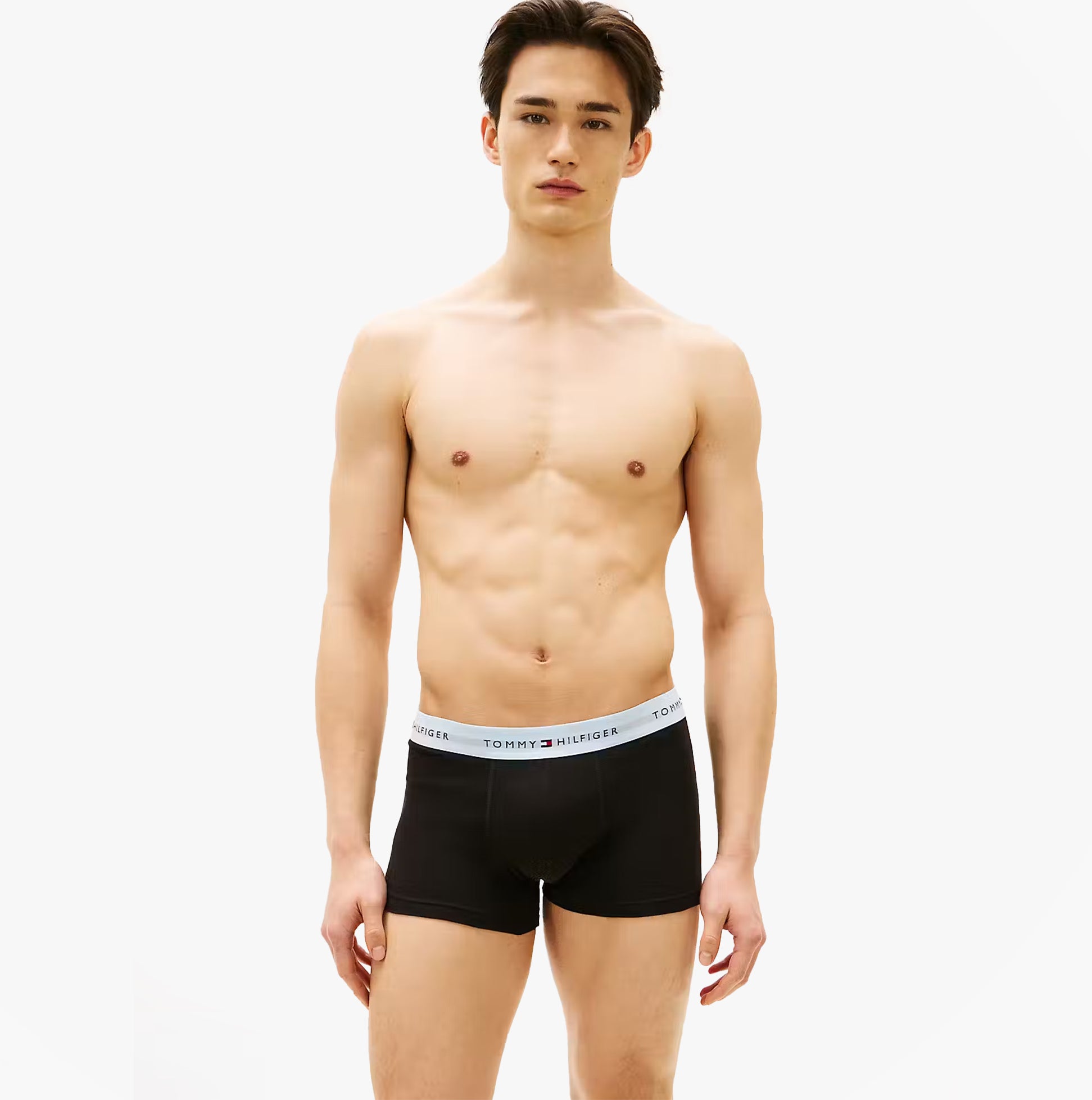 Tommy Hilfiger Mens 3 Pack Signature Repeat Logo Waistband Trunks black front view model wearing
