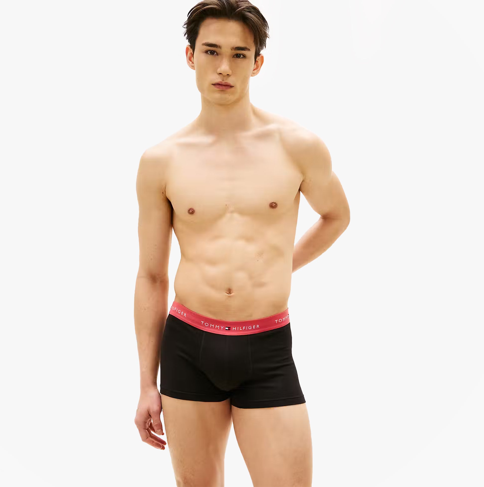Tommy Hilfiger Mens 3 Pack Signature Repeat Logo Waistband Trunks black front view on model