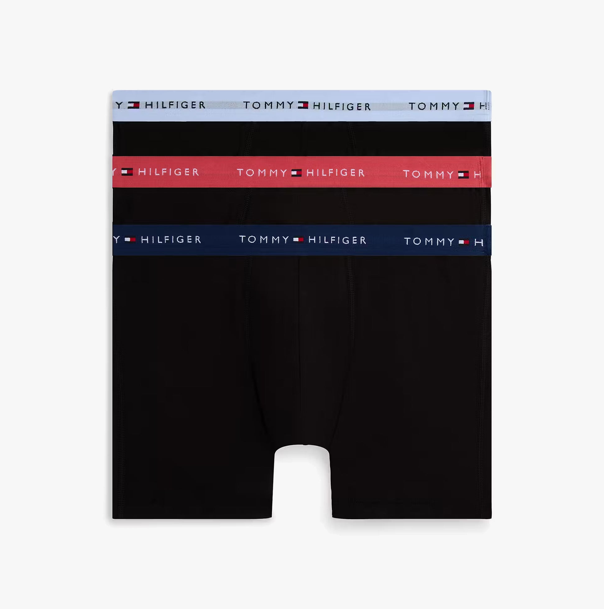 Tommy Hilfiger Mens 3 Pack Signature Logo Waistband Boxer Briefs Black front view showing three boxer briefs with logo waistbands.
