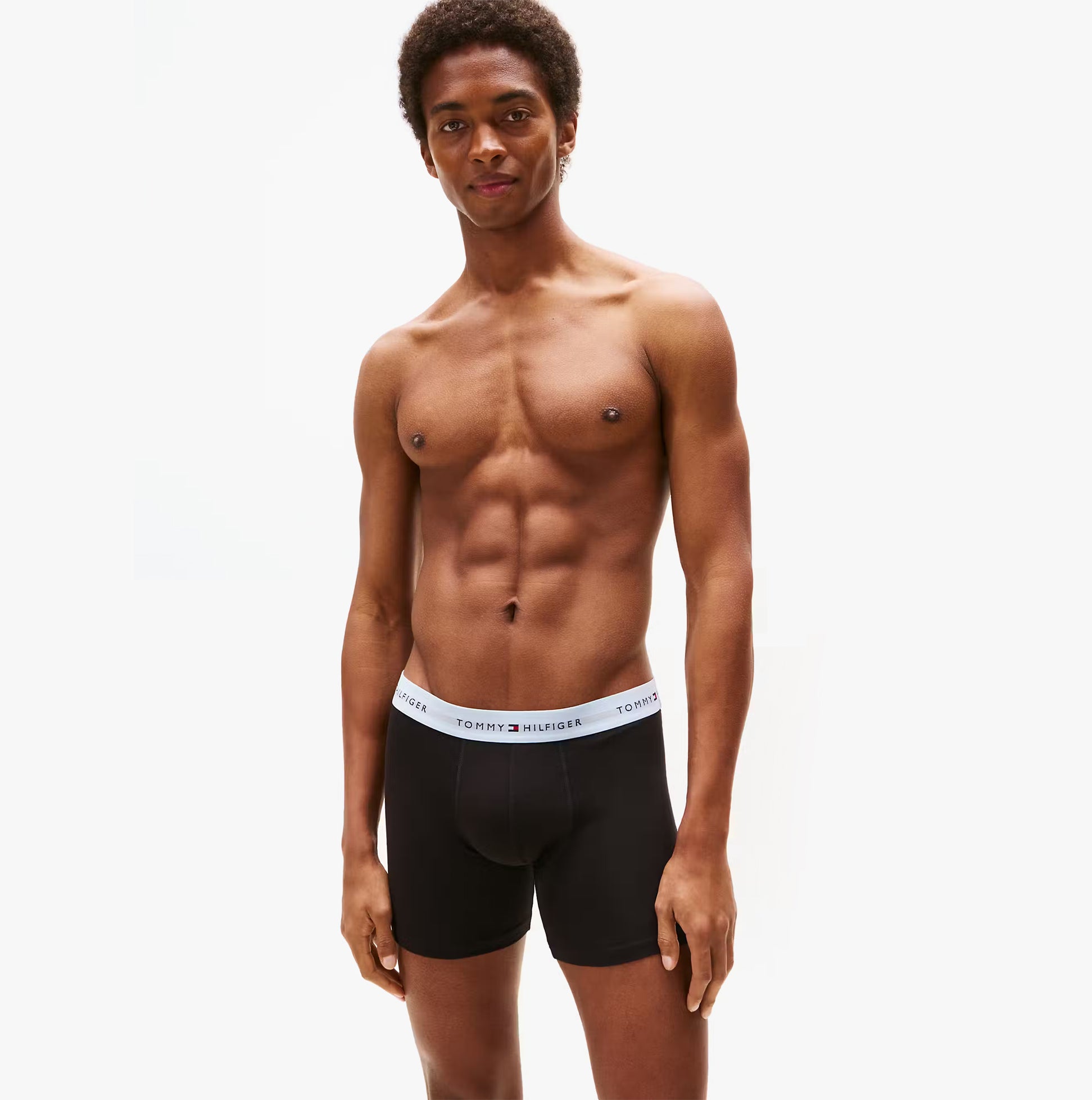 Tommy Hilfiger BOXER BRIEF 3 Pack Mens Cotton Stretch Black front view on model showcasing fit and style.