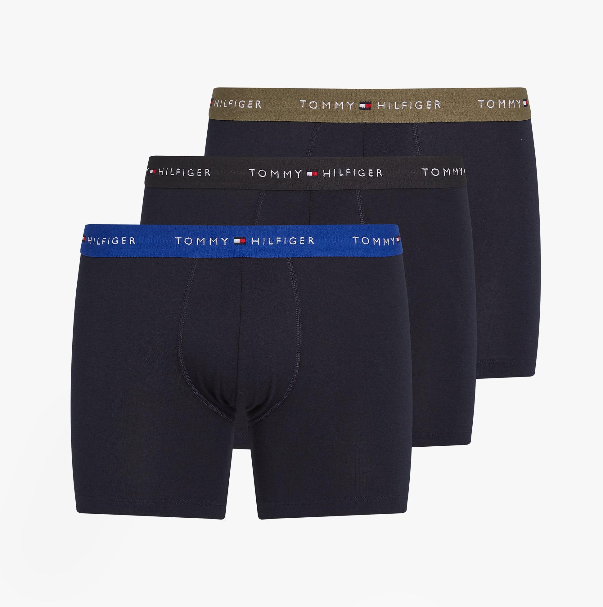 Tommy Hilfiger LOGO 3 Pack Mens Boxer Briefs Multicoloured front view showcasing three pairs with branded waistbands.