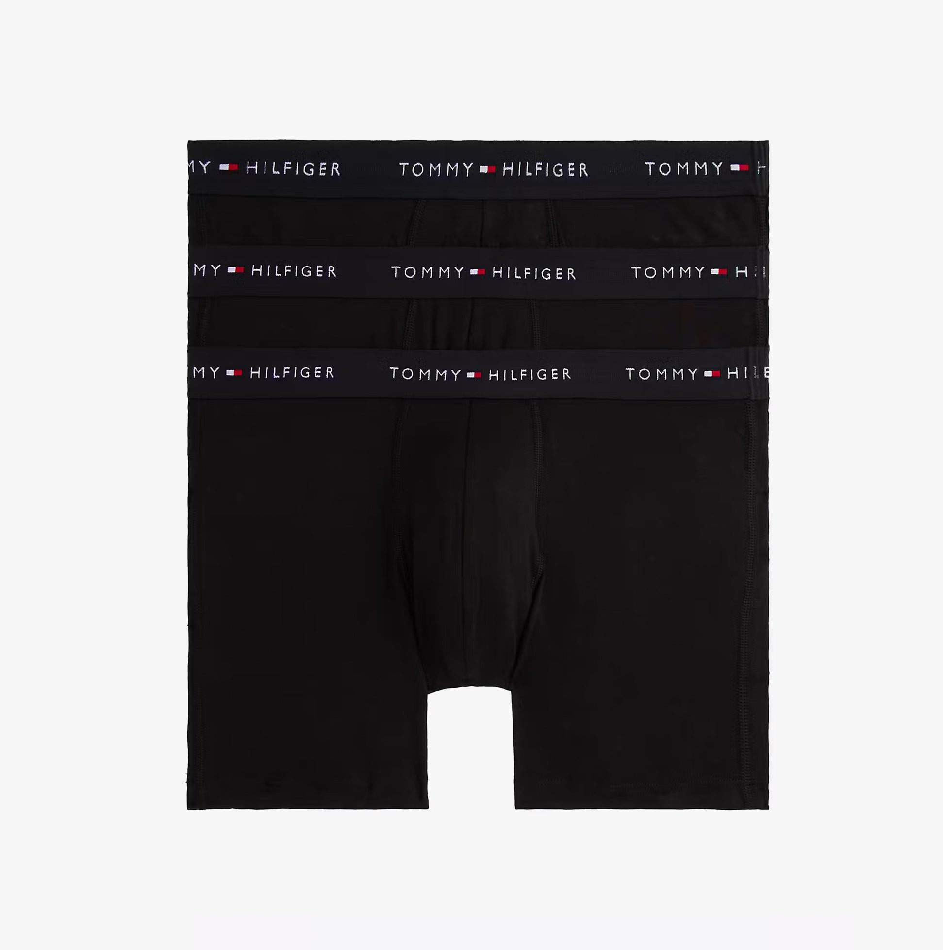 Tommy Hilfiger 3 Pack Mens BOXER BRIEF Black, front view showing three black boxer briefs with logoed waistband.