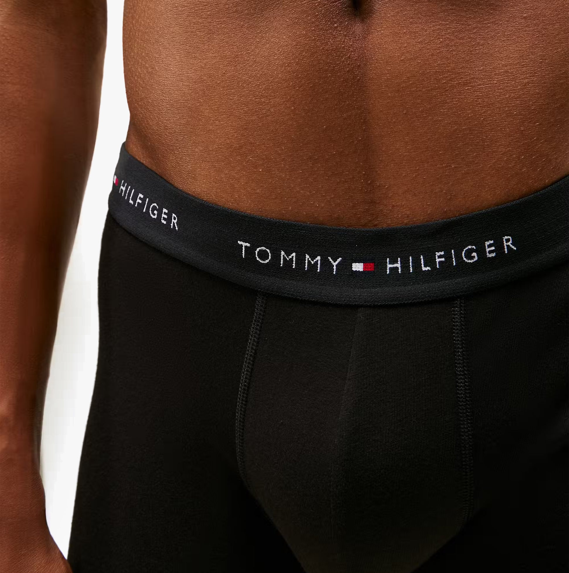 Tommy Hilfiger 3 Pack Mens BOXER BRIEF Black detail view showing waistband logo and fabric texture