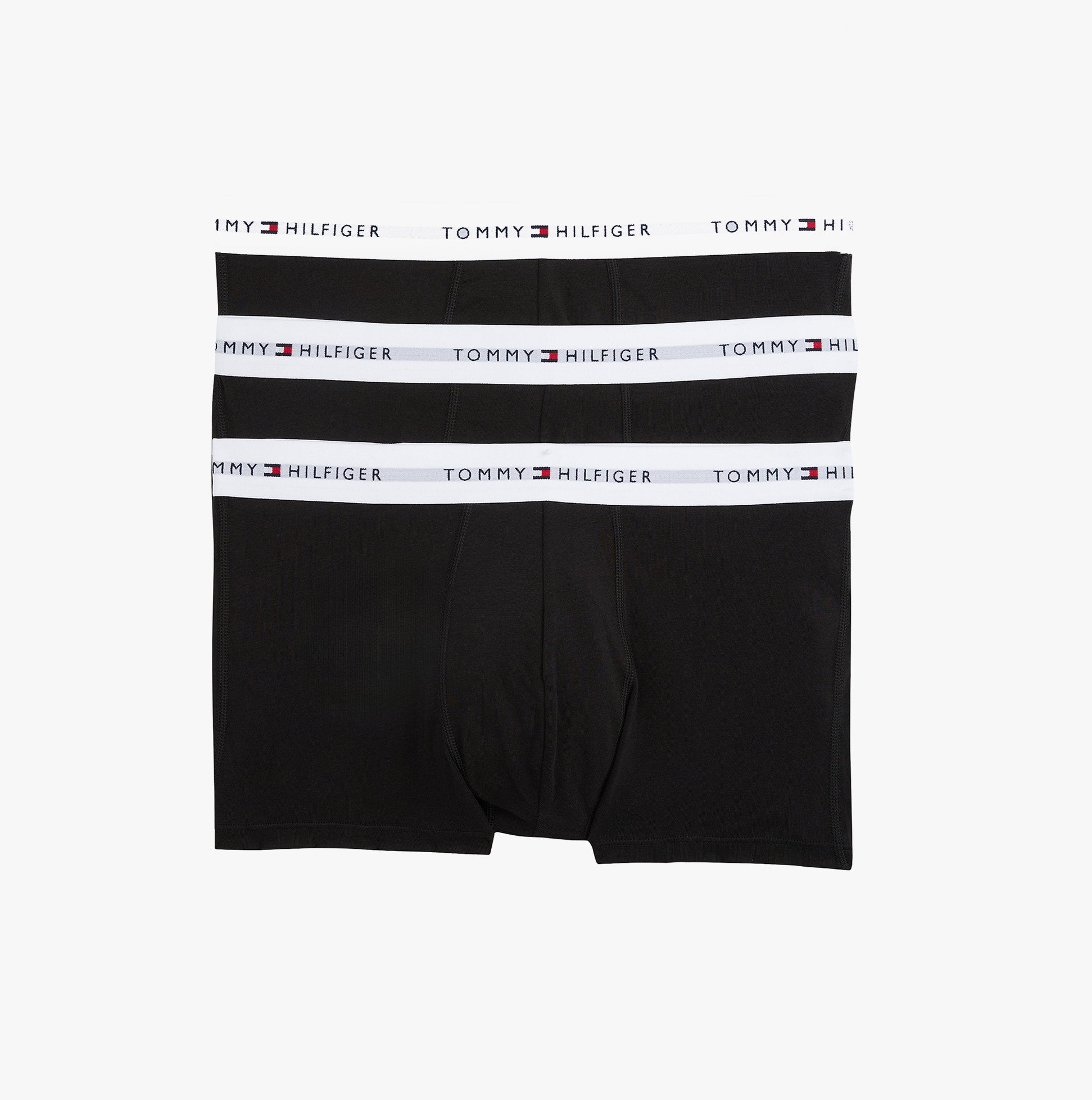 Tommy Hilfiger Mens 3 Pack Trunks Black front view showcasing three black trunks with logo waistband.
