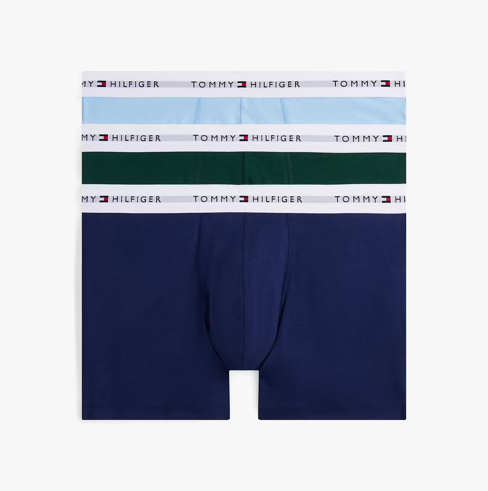 Tommy Hilfiger Mens 3 Pack Logo Waistband Boxer Briefs Multi, front view showing blue, green, and navy designs.