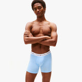 Tommy Hilfiger Mens 3 Pack Logo Waistband Boxer Briefs Multi side view showing light blue boxer briefs worn by model.