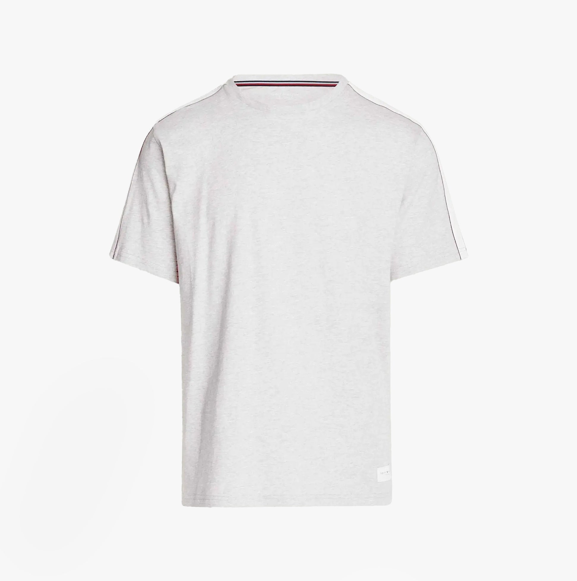 Tommy Hilfiger TEE LOGO Mens Light Grey Ht front view featuring crew neck and logo tape on shoulders.