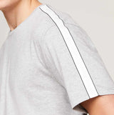 Tommy Hilfiger TEE LOGO Mens Light Grey Ht side view showing sleeve detail with logo tape accents.