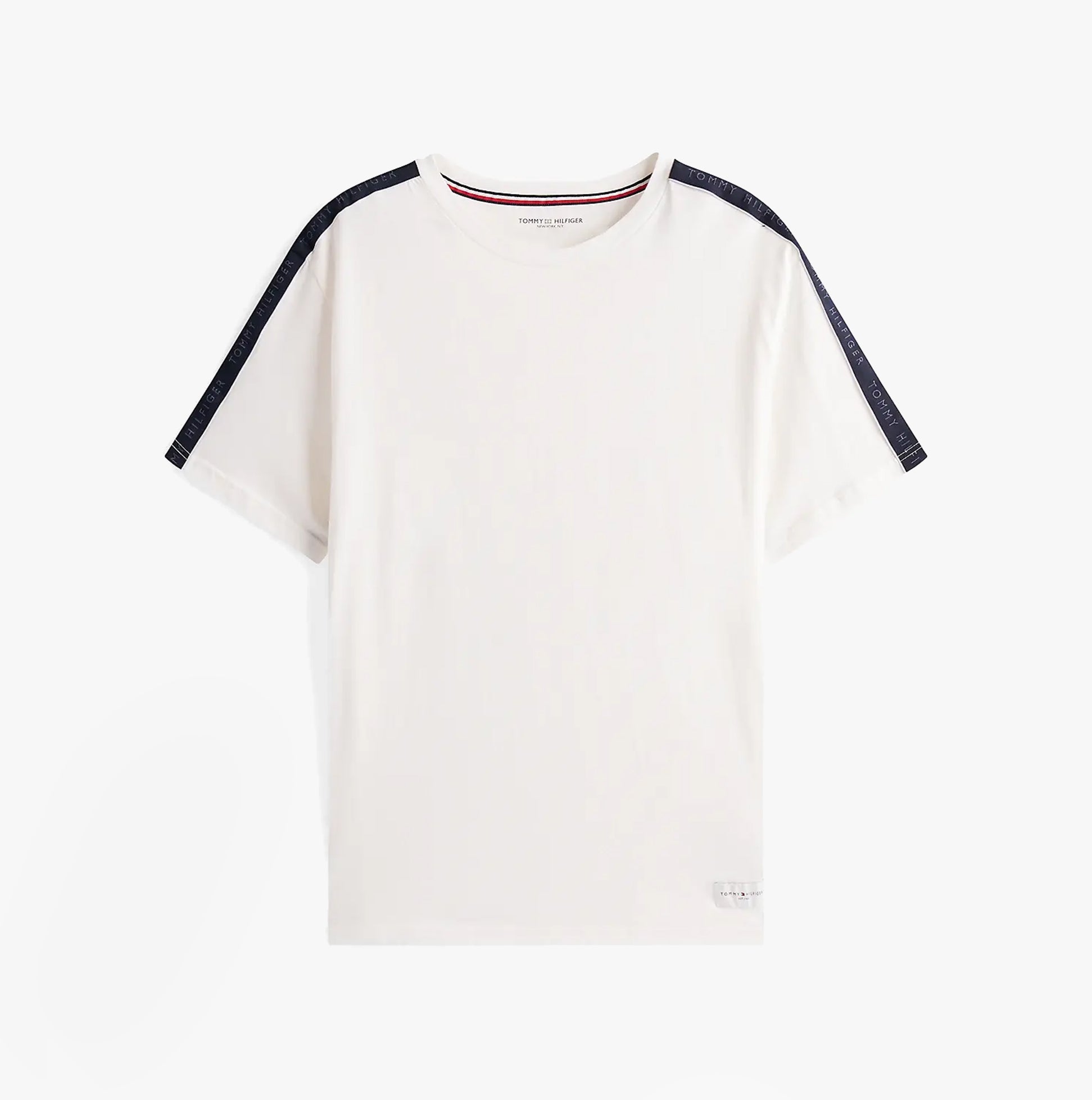 Tommy Hilfiger TH ESTABLISHED Mens T-Shirt Ecru front view showcasing short sleeves and logo tape detail on shoulders.