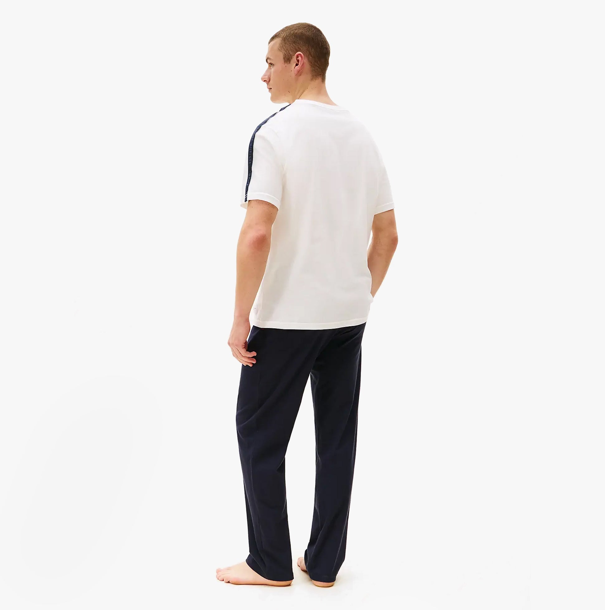Tommy Hilfiger TH ESTABLISHED Mens T-Shirt Ecru, back view, showcasing crew neck and signature logo tape on shoulders.