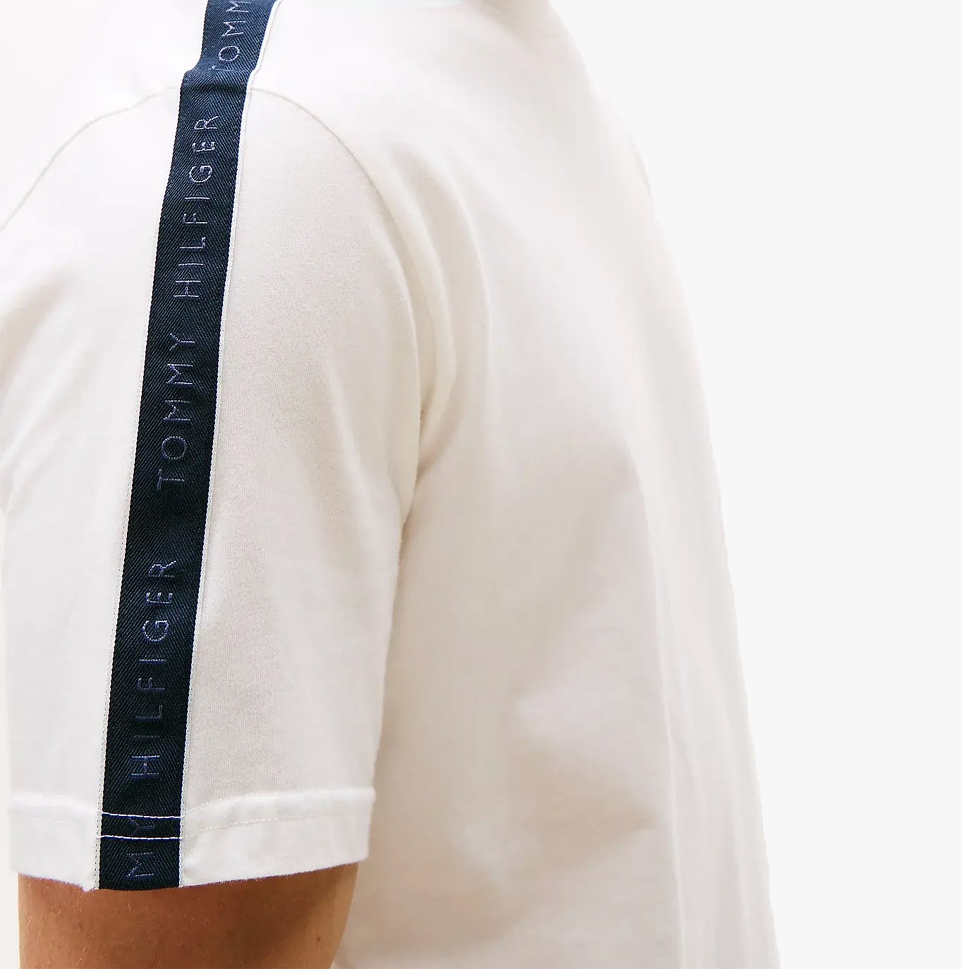 Tommy Hilfiger TH ESTABLISHED Mens T-Shirt Ecru, detail view of sleeve with logo tape.