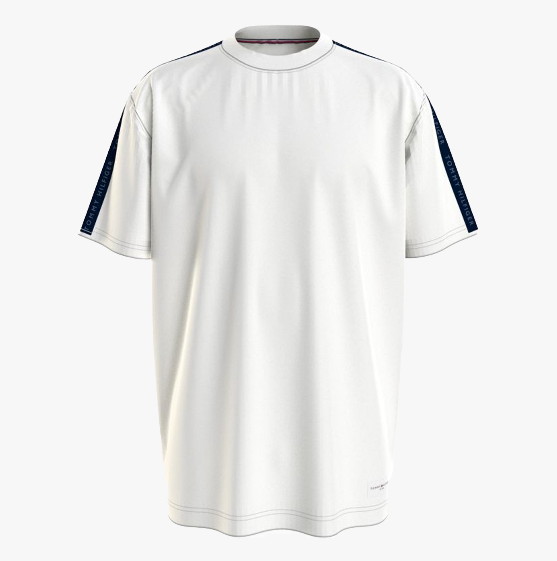 Tommy Hilfiger TH ESTABLISHED Mens T-Shirt Ecru front view showing crew neck and logo tape detail on sleeves.