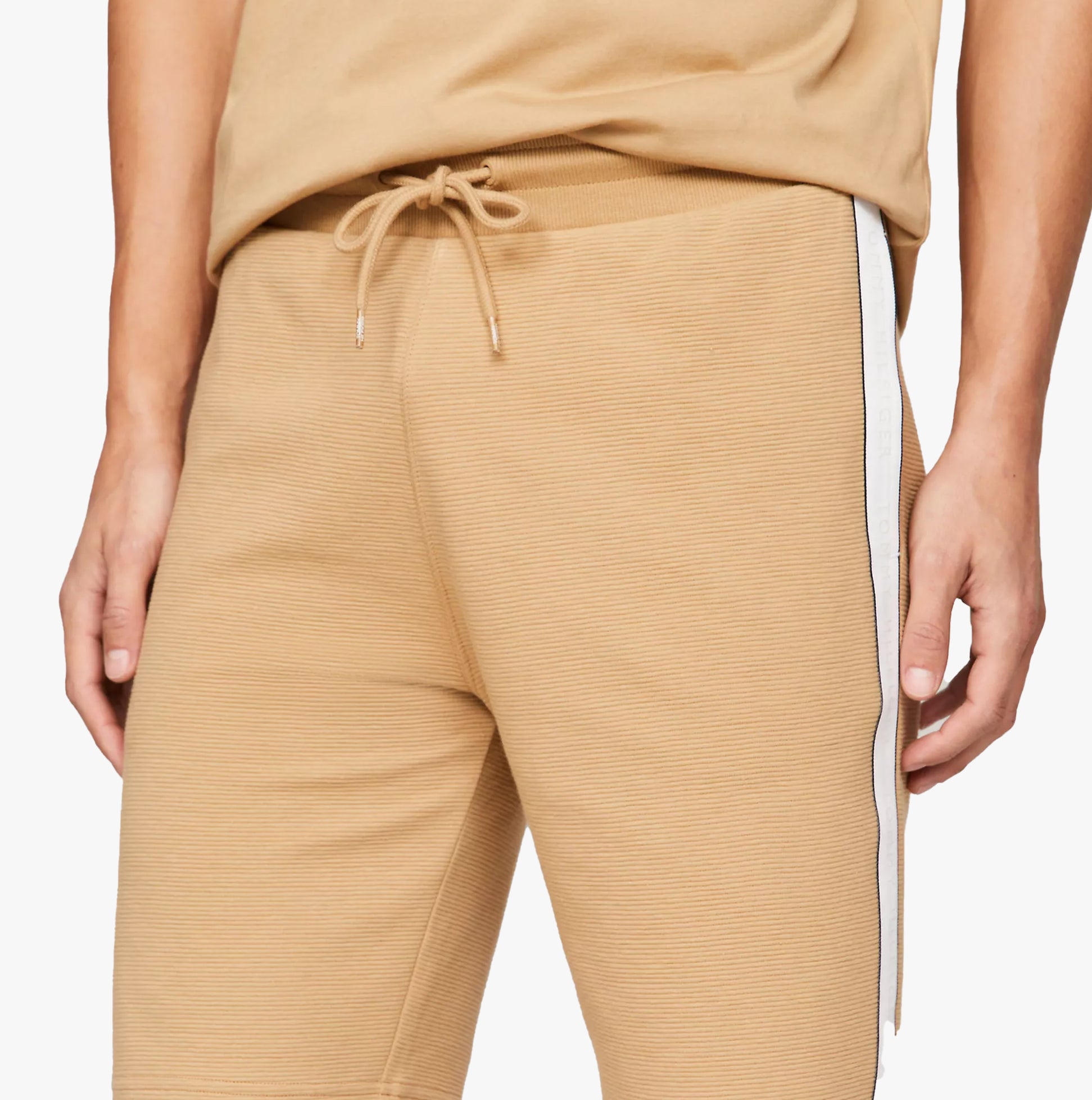 Tommy Hilfiger HWK SHORTS Mens Classic Khaki front view showcasing drawstring waist and lightweight cotton material.