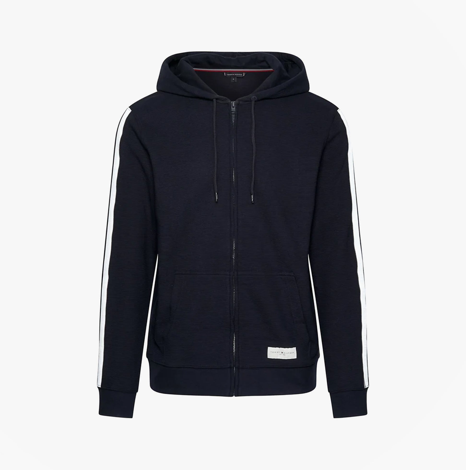 Tommy Hilfiger HWK FZ HOODIE Mens Hoodie Desert Sky front view, featuring a zip-up design and side stripes.