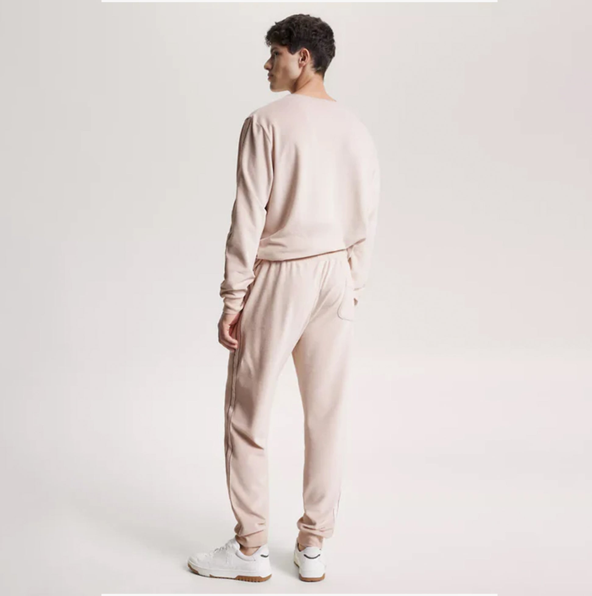 Tommy Hilfiger TH ESTABLISHED Mens Ribbed Velour Lounge Joggers Cashmere Creme back view with elasticated waist and ribbed texture.