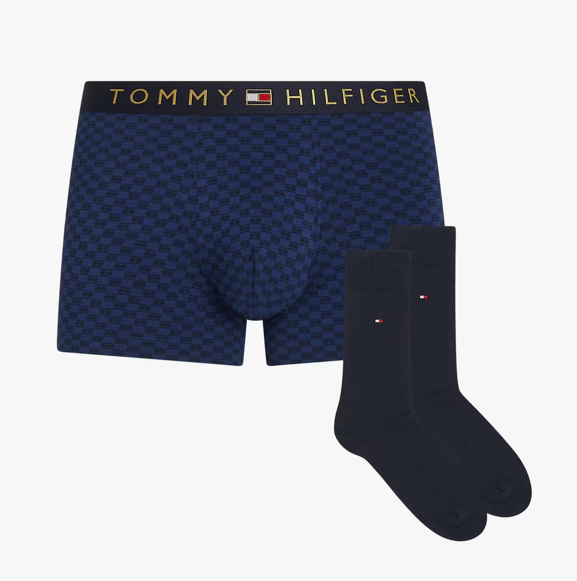 Tommy Hilfiger TRUNK PRINT & SOCK SET GOLD Mens Multicoloured side view showing blue trunk and matching socks.