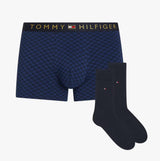Tommy Hilfiger TRUNK PRINT & SOCK SET GOLD Mens Multicoloured side view showing blue trunk and matching socks.